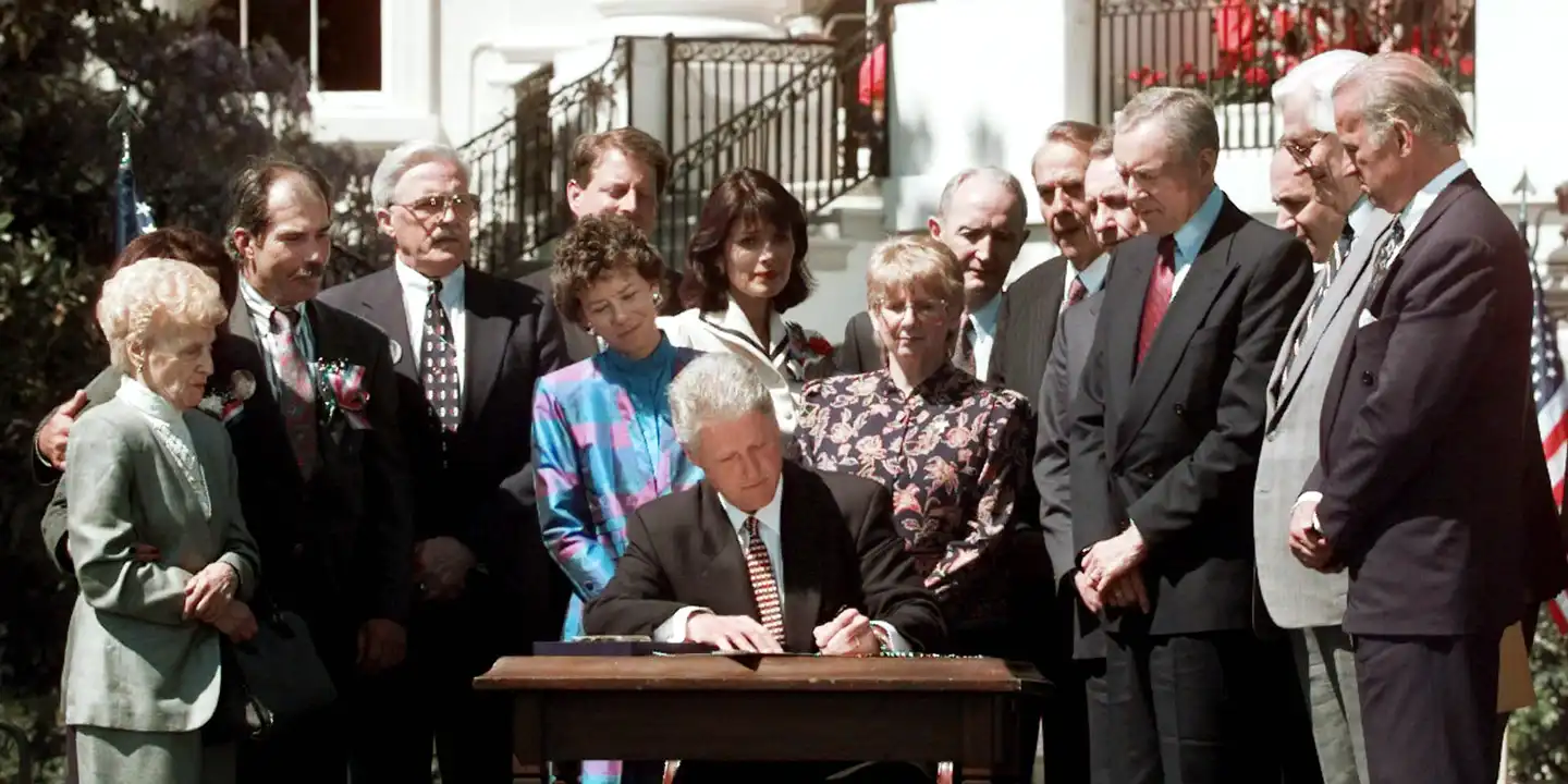 President Bill Clinton signs the Antiterrorism and Effective Death Penalty Act (AEDPA) 
    on April 24, 1996. A decade after its passage, federal district courts 
    were granting relief in just 0.34 percent of cases.[24] Credit: AP Photo/Doug Mills.